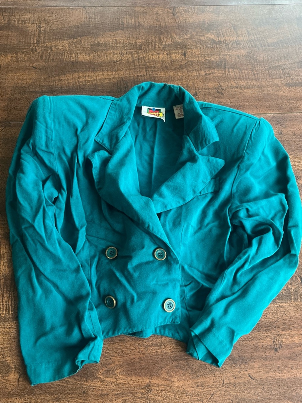 Vintage Snazz Teal Cropped Blazer Med Fits XS 80s Power Shoulder Double Breasted